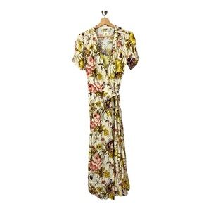 Anthropologie Yellow and Pink Puff Sleeve Tie Front Maxi Dress